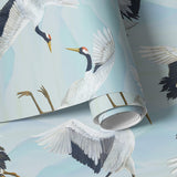 Papier peint Japon Envolée de Grues Bleuté