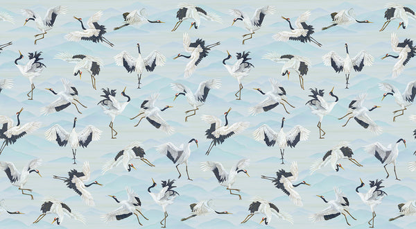 Papier peint Japon Envolée de Grues Bleuté