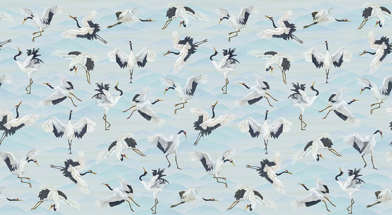 Papier peint Japon Envolée de Grues Bleuté