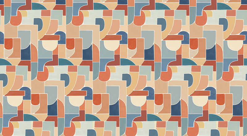 Papier peint géométrique - Géo Puzzle Bleu Terracotta