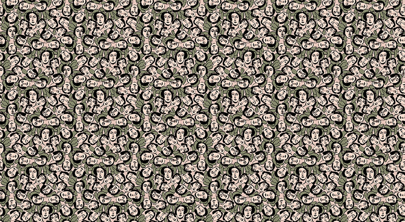 Papier peint Visage Abstrait Vert et Rose