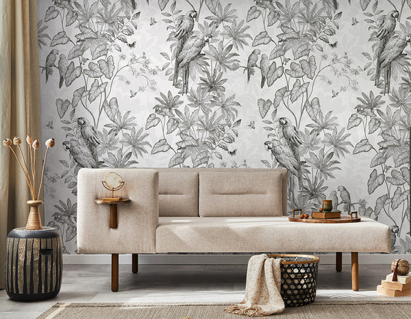 Papier peint perroquet - Jungle Parrots Grisaille