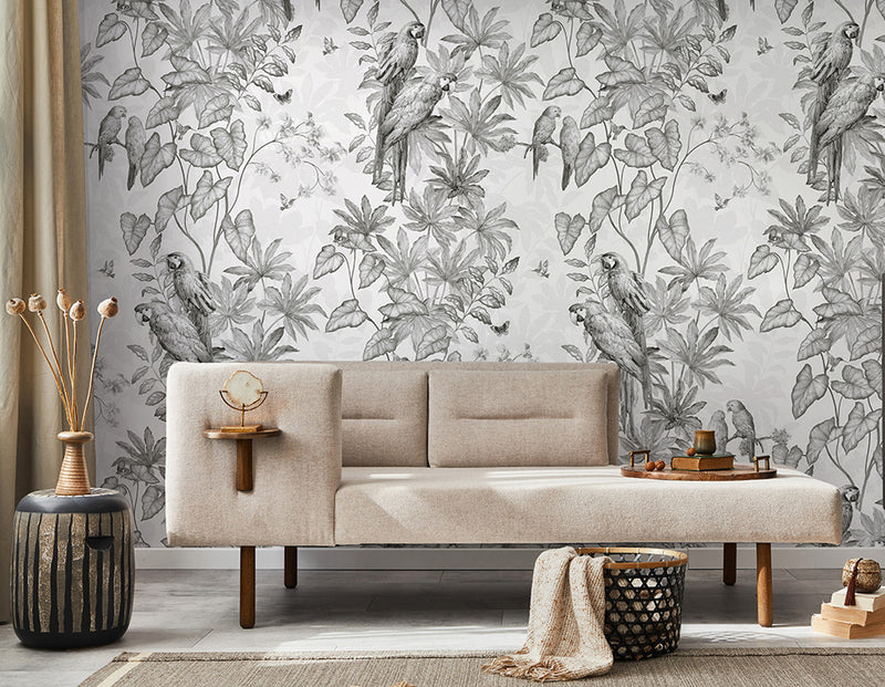 Papier peint perroquet - Jungle Parrots Grisaille