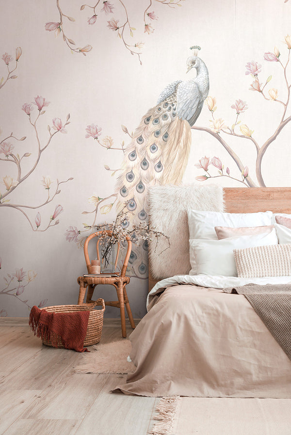 Papier peint Japon Paon aux Magnolias Crème