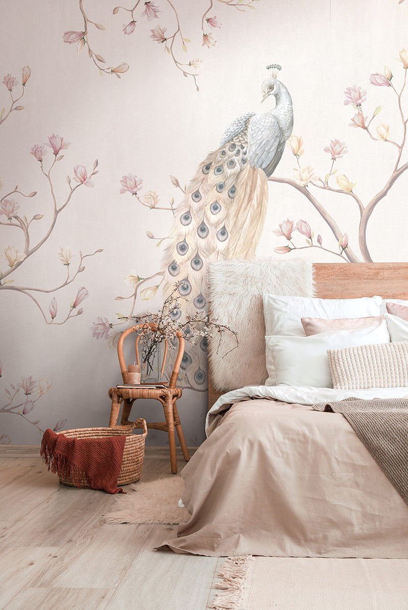 Papier peint Japon Paon aux Magnolias Crème