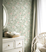 PAPIER PEINT ENFANT - ÉCLOSION FLORALE (FOND VERT)
