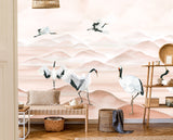 Papier peint Japon Grues Japonaises Terracotta