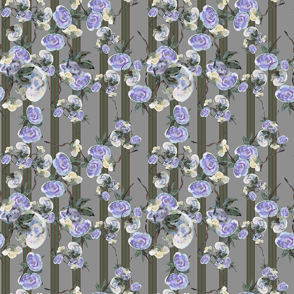 Papier peint rayures et fleurs - Bleu de Roses Sauvages Rayé
