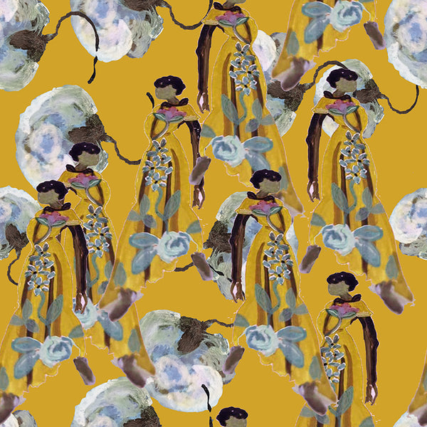 Papier peint floral - Femme moutarde