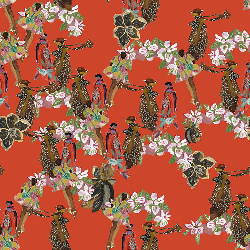 Papier peint floral - Foule Orange