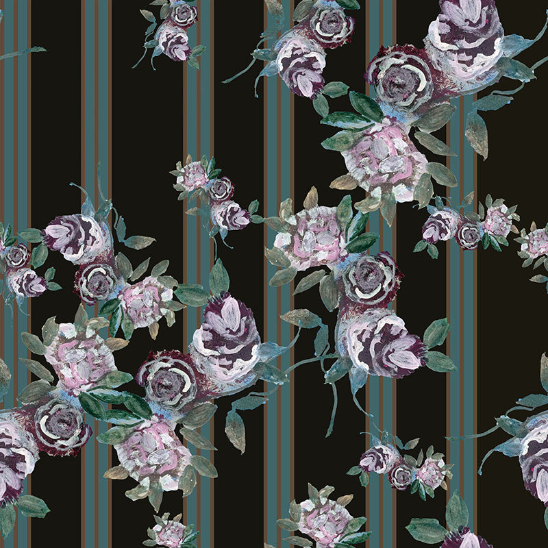 Papier peint rayures floral - Roses Rayées