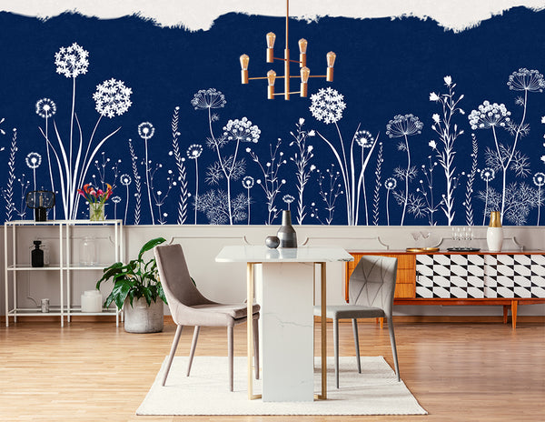 Papier peint fleurs des champs bleu nuit