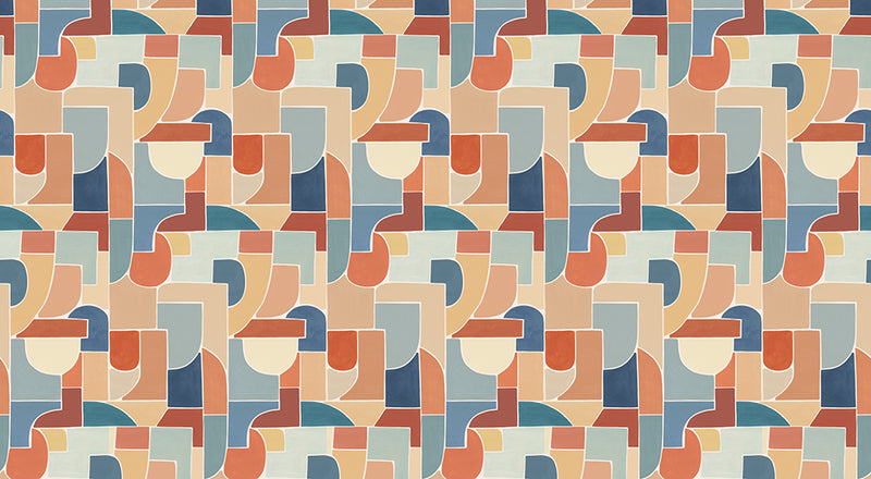 Papier peint géométrique - Géo Puzzle Bleu Terracotta