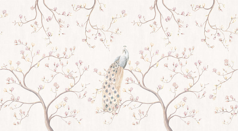 Papier peint Japon Paon aux Magnolias Crème