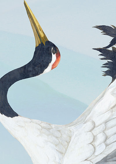 Echantillon papier peint Japon Envolée de Grues Bleuté