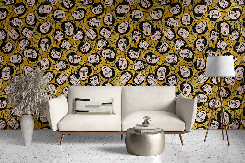 Papier peint Visage Abstrait Jaune et Or