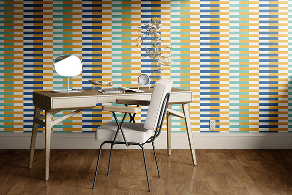Papier peint panoramique Rayures Claudie Bleu Moutarde