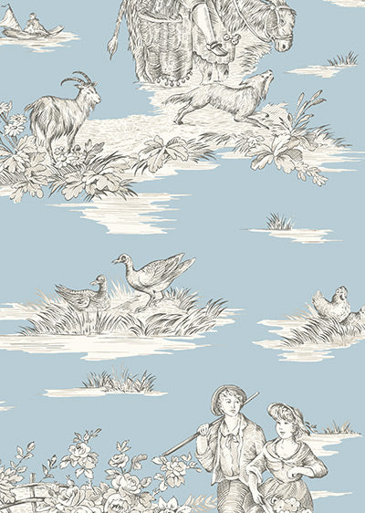 Echantillon Papier peint Toile de Jouy Moderne - Bleu Pastel