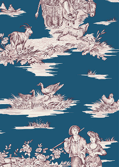 Echantillon Papier peint Toile de Jouy Moderne - Bleu Canard