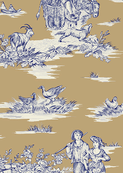 Echantillon Papier peint Toile de Jouy Moderne - Camel Bleu